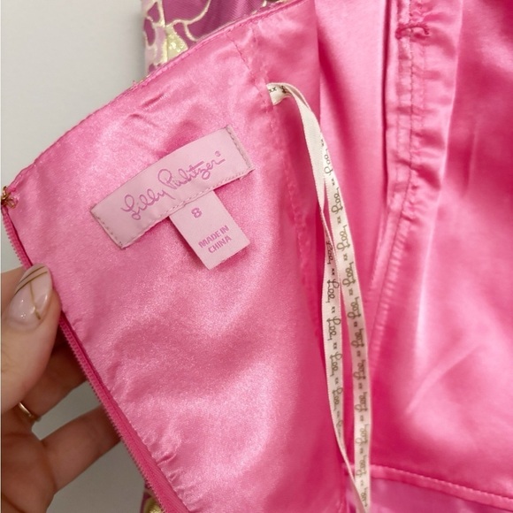 Lilly Pulitzer Silk Raya Dress Pink Gold Jacquard Mini Strapless Sweetheart Sz 8 - Picture 8 of 10